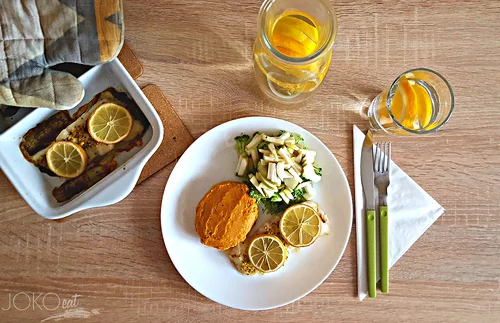 HALIBUT Z PUREE Z BATATA I GRUSZKI