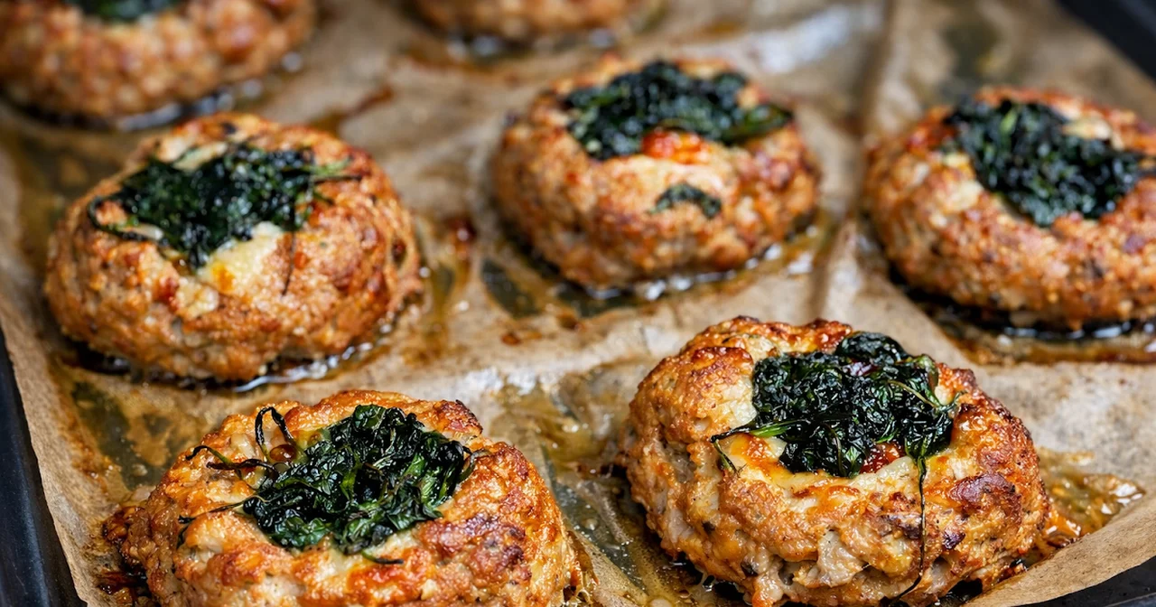Gniazdka z mięsa mielonego ze szpinakiem i sosem pieczarkowym