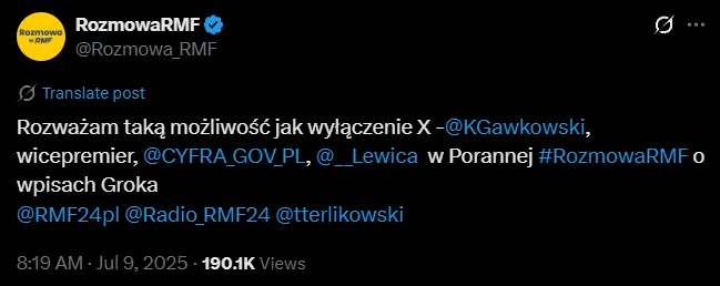 Zdjęcie Minister Cyfryzacji rozważa wyłączenie platformy X w Polsce! "Wolność słowa przysługuje ludziom, a nie algorytmom" #1