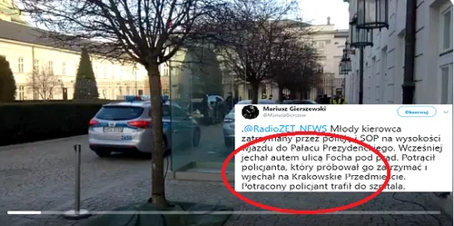 36-latek potrącił policjanta i próbował wjechać na teren Pałacu Prezydenckiego!