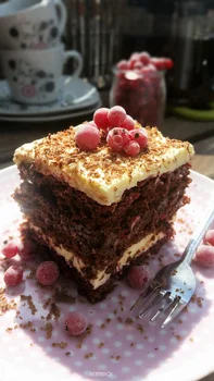 Ciasto kakaowe z kremem budyniowym kajmakiem i dżemem porzeczkowym