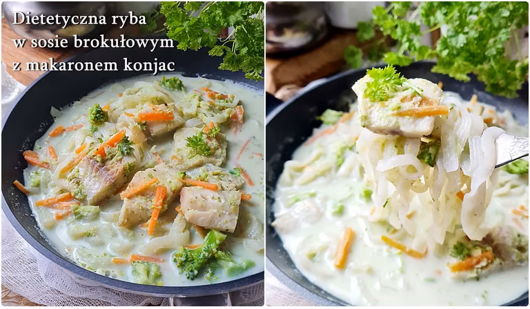 Ryba w sosie brokułowym z makaronem konjac - Damsko-męskie spojrzenie na kuchnię