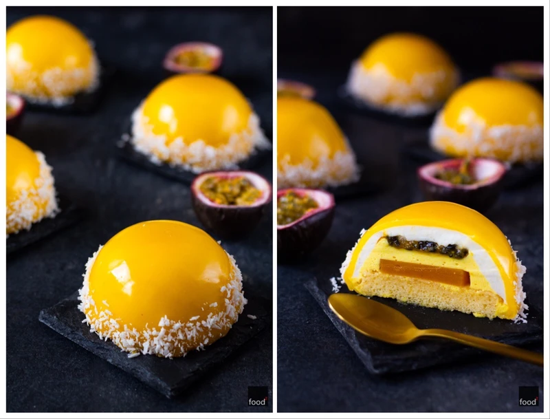 Sernikowe entremets z mango i marakują