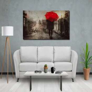 Artystyczne dekoracja,której motyw stanowi  kobieta z czerwonym parasolem.