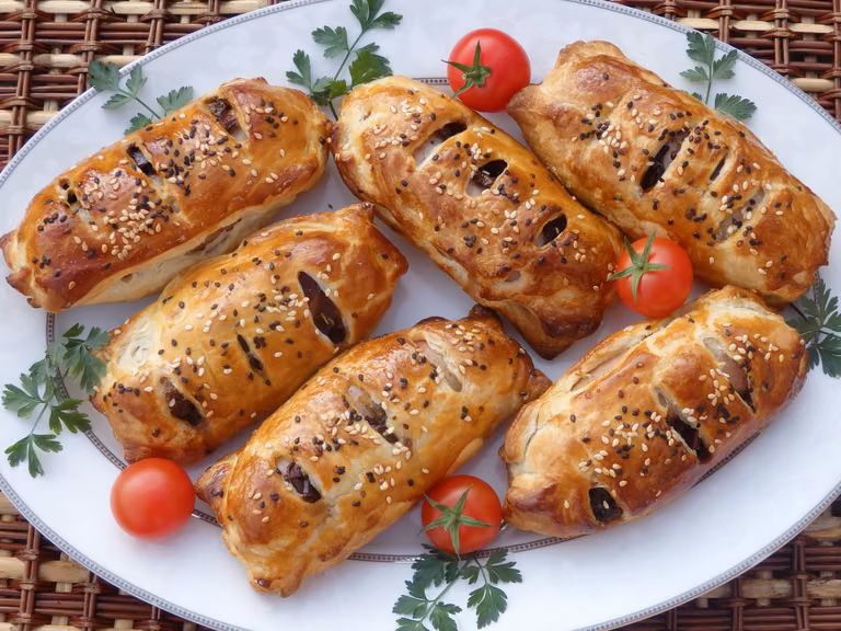 Biała kiełbasa zapiekana w cieście francuskim