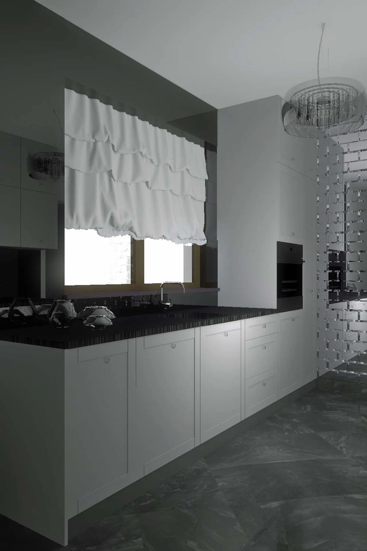 Projekt wnętrza nowoczesnej, nieco designerskiej czarno-białej kuchni