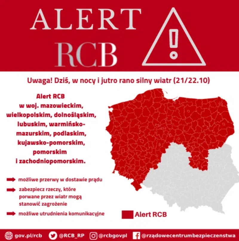 Uwaga: dziś w nocy i rano na silny wiatr! Rozesłano alerty RCB.