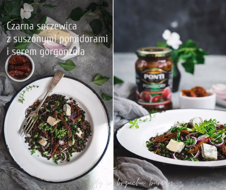 Czarna soczewica z suszonymi pomidorami i gorgonzolą