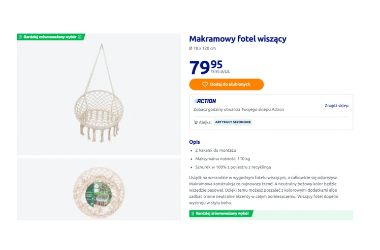 Zdjęcie Ten wiszący fotel z Action za 79 zł zrobi boską strefę relaksu! Duży i solidny, a makramowy splot dodaje uroku - hit na balkon, taras i do pokoju #1