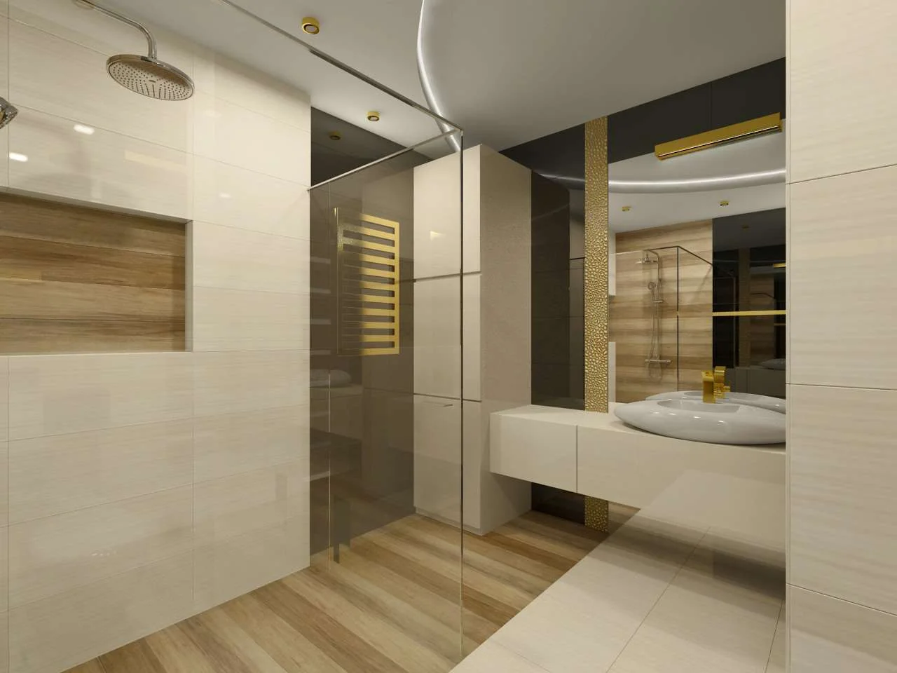 Projekt wnętrza łazienki w złocie ze stylowymi meblami i dekoracjami