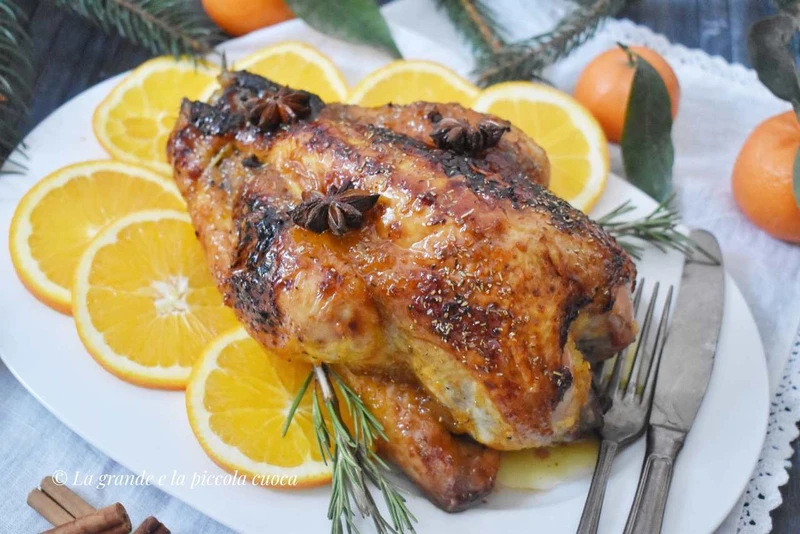 Perliczka pieczona w miodzie i soku pomarańczowym z mandarynkami