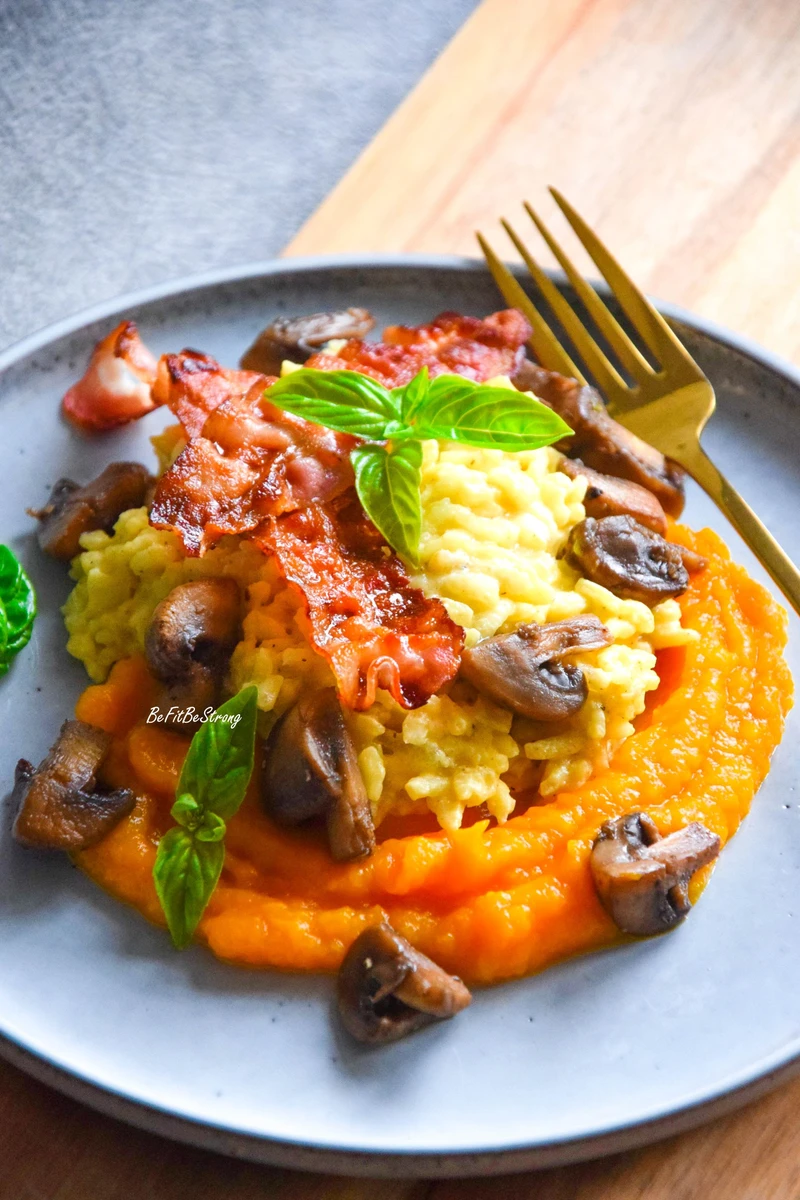 Risotto z ricottą i pieczarkami z dyniowym purée
