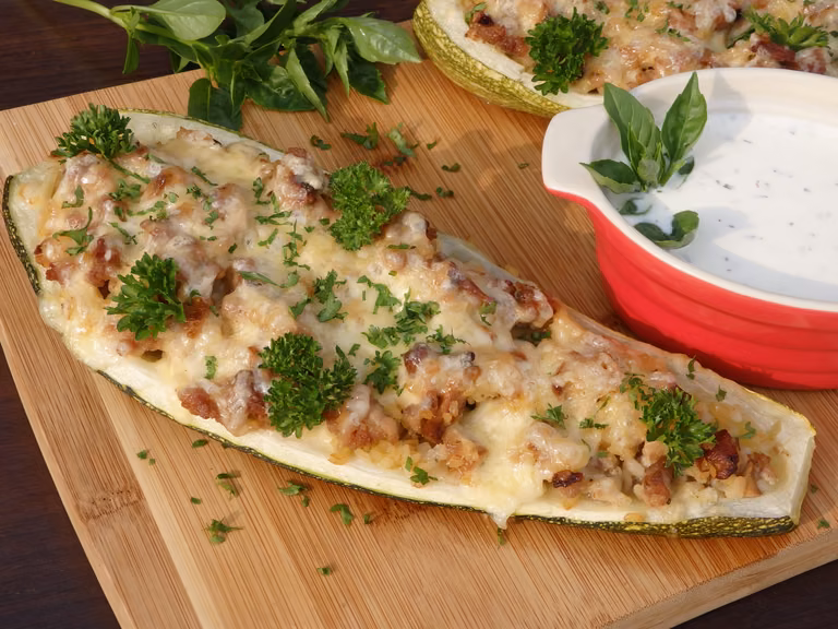 Cukinia faszerowana mięsem, kaszą bulgur i kurkami
