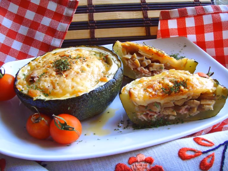 Cukinia faszerowana szynką, pieczarkami i serem.