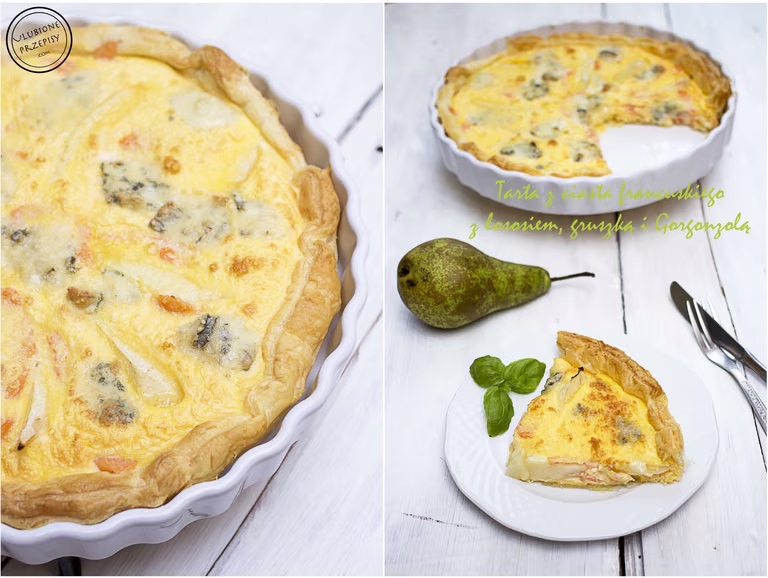 TARTA Z CIASTA FRANCUSKIEGO Z ŁOSOSIEM, GRUSZKĄ I SEREM GORGONZOLA