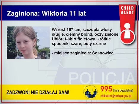Alarm CHILD ALERT uruchomiony: Zaginęła Wiktoria z Sosnowca. [AKTUALUZACJA 07.08.2023]