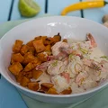 Krewetki w mleku kokosowym z pieczonymi batatami