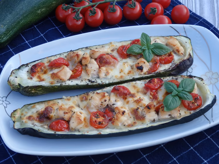 Cukinia faszerowana kurczakiem, pomidorkami i mozzarellą