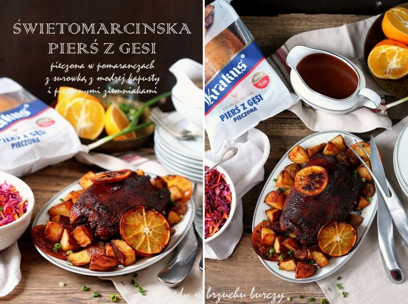 Świętomarcińska pierś z gęsi pieczona w pomarańczach