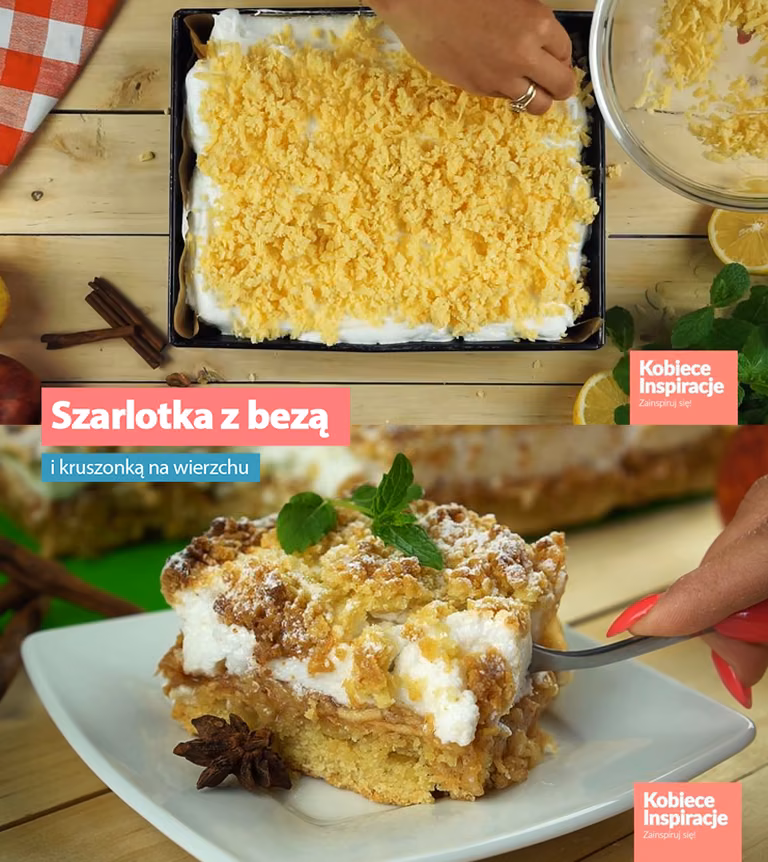 Szarlotka z bezą i kruszonką na wierzchu