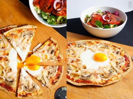 Śniadaniowa pizza z tortilli (6 składników)