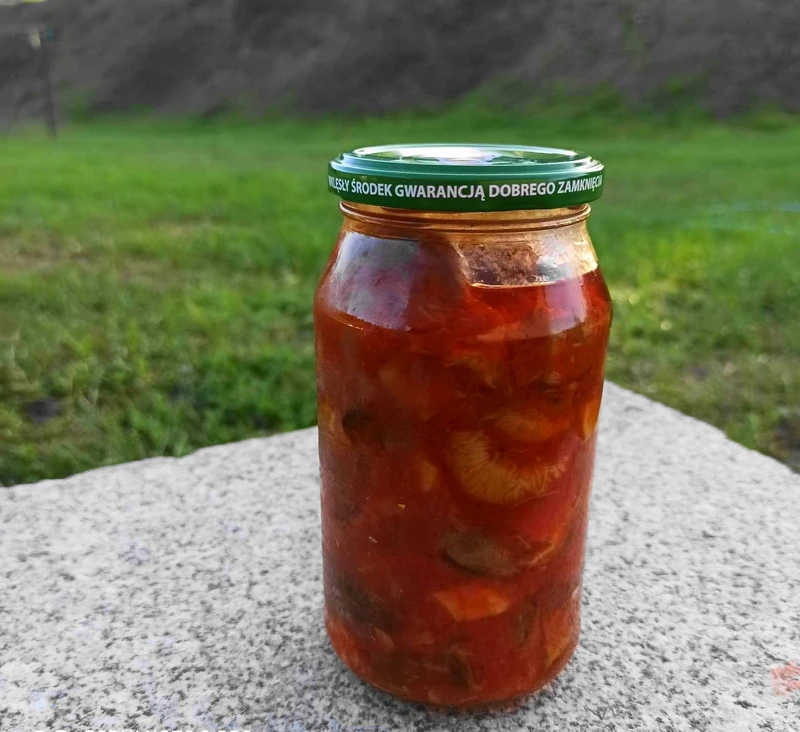 Grzyby z cebulą w pomidorach.