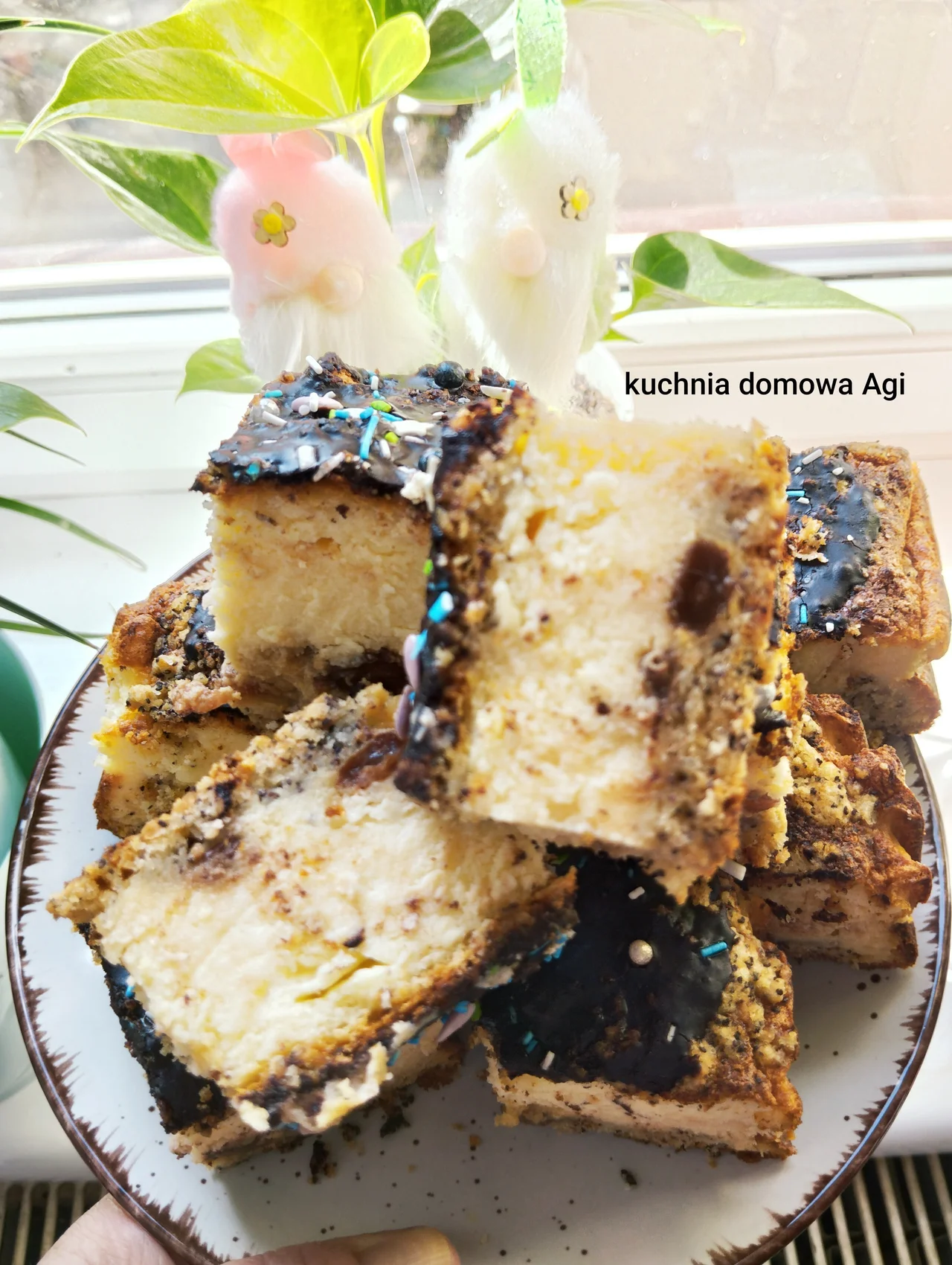 Sernik z twarogu z wiaderka z rodzynkami i mlekiem w proszku na cieście sypanym makowym