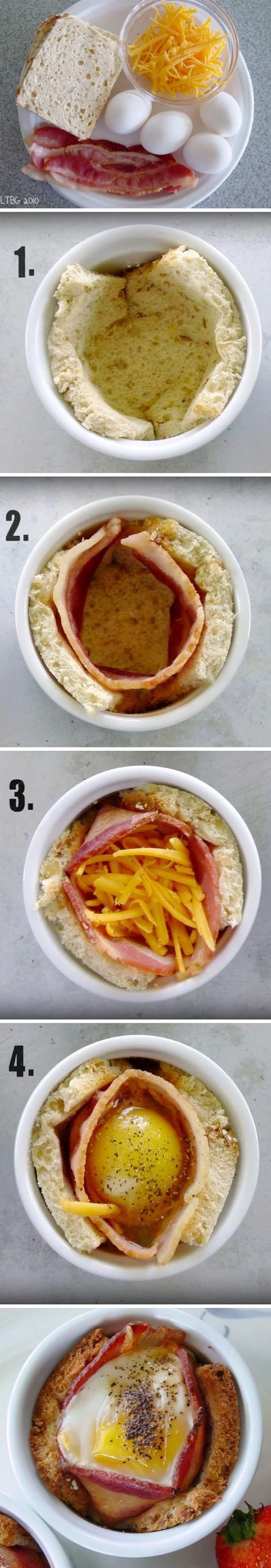 Pyszne śniadanie czyli jajko, bekon oraz ser zapiekane w grzance