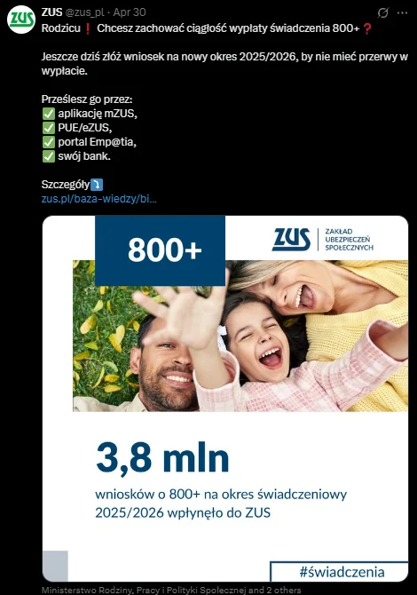 Zdjęcie Nowy okres rozliczeniu 800 plus. ZUS przypomina o ważnym terminie, aby nie stracić części świadczenia #1