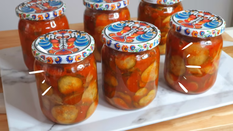 Ogórki w pomidorach, sałatka na zimę do słoików.