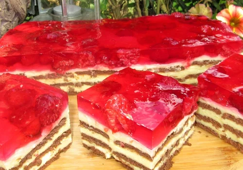 Szybki i przepyszny sernik gotowany z malinami i galaretką bez pieczenia +FILM