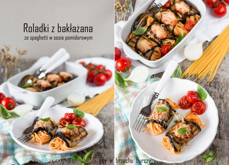 Roladki z bakłażana ze spaghetti w sosie pomidorowym