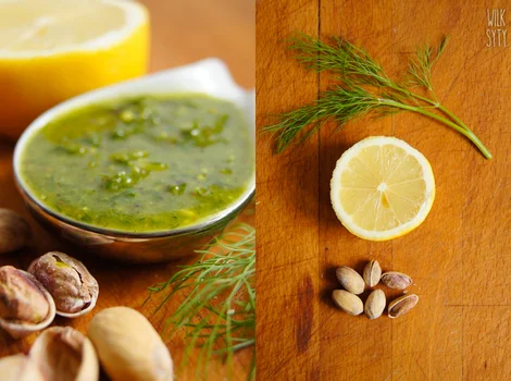 Pesto cytrusowo-koperkowe z pistacjami.