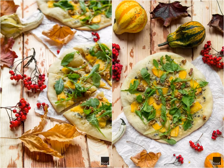 Pizza bianca z serem pleśniowym, dynią, rukolą i orzechami włoskimi