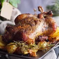 Roasted duck with potatoes and figs