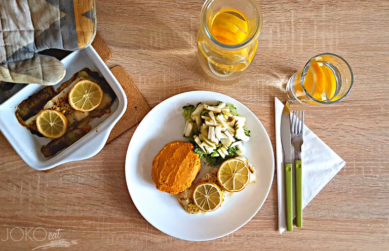 HALIBUT Z PUREE Z BATATA I GRUSZKI