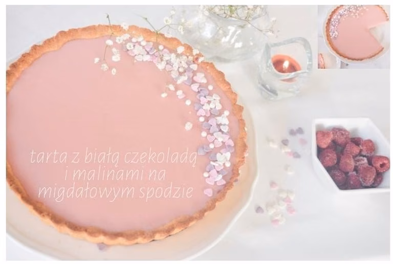 Glam shine wśród wypieków - Tarta z białą czekoladą z malinami na migdałowym spodzie