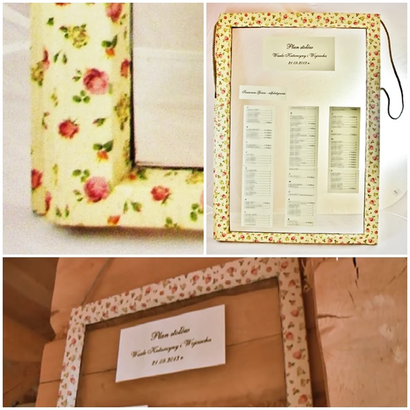 Plan rozmieszczenia gości weselnych wykonany ze starego okna metodą decoupage