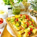 Szaszłyki z serem halloumi, ananasem i pomidorami