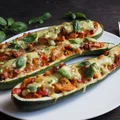 Cukinia faszerowana kurczakiem i kurkami z sosem majonezowym z pesto