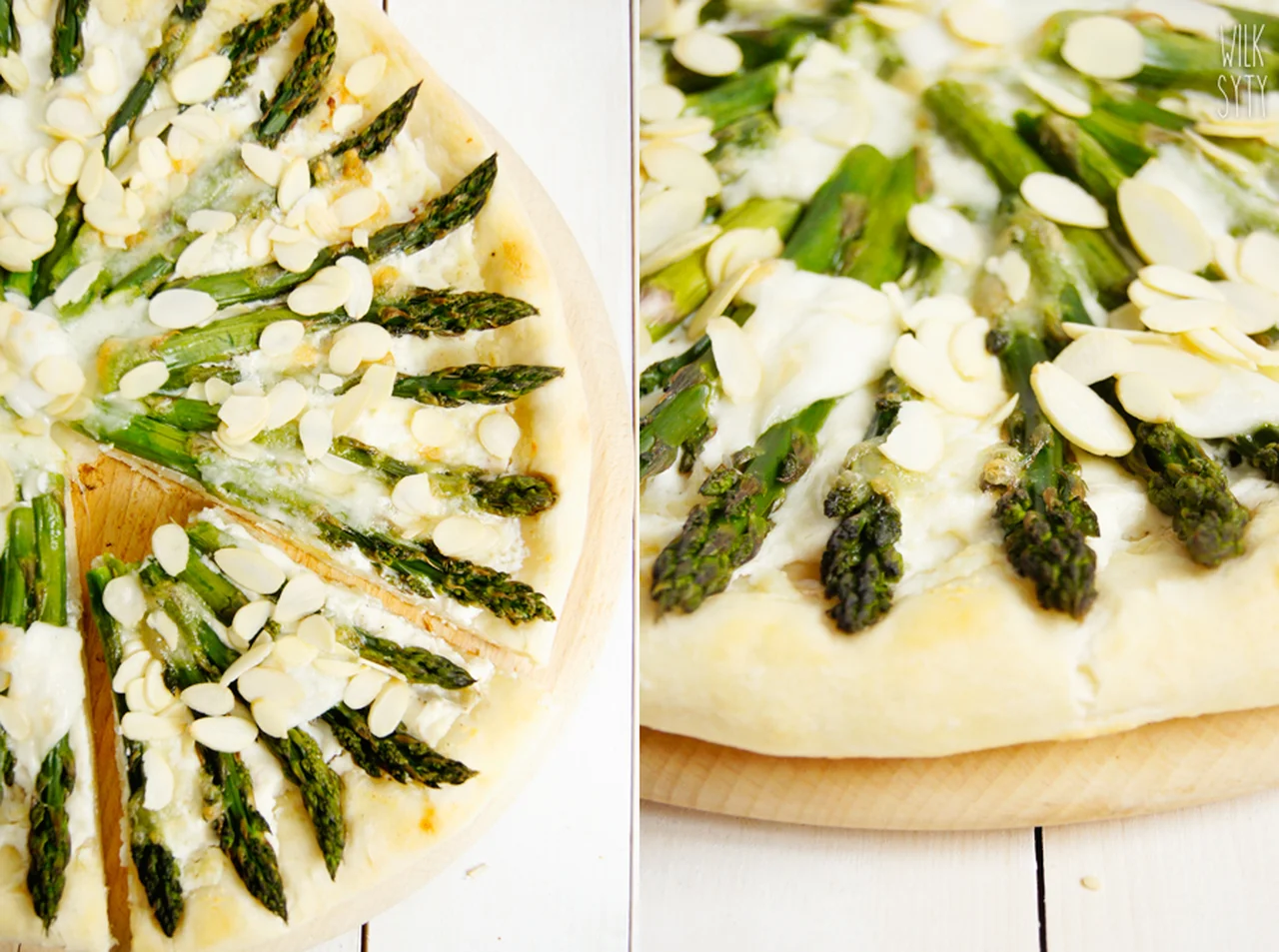 Biała pizza ze szparagami.
