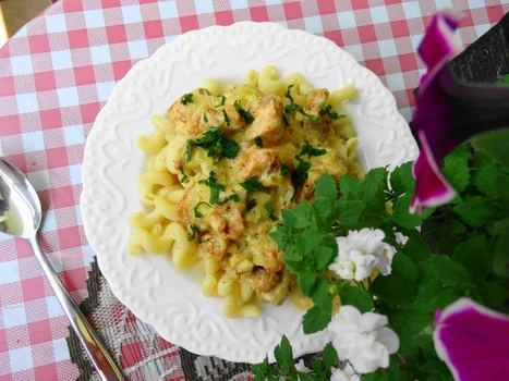 Makaron z kurczakiem w sosie porowo – śmietanowym.