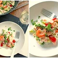 risotto z krewetkami, łososiem i szparagami