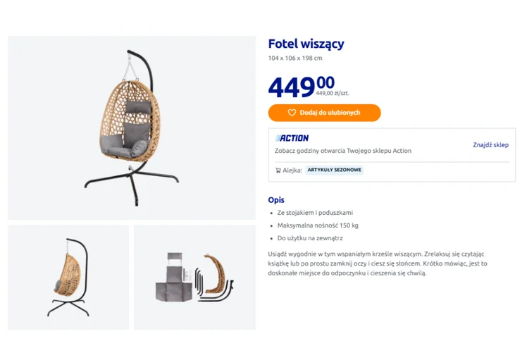 Zdjęcie Fotel wiszący znowu pojawił się w Action w atrakcyjnej cenie! Boska opcja na wiosnę i lato - klienci go uwielbiają i ruszyli na zakupy #1