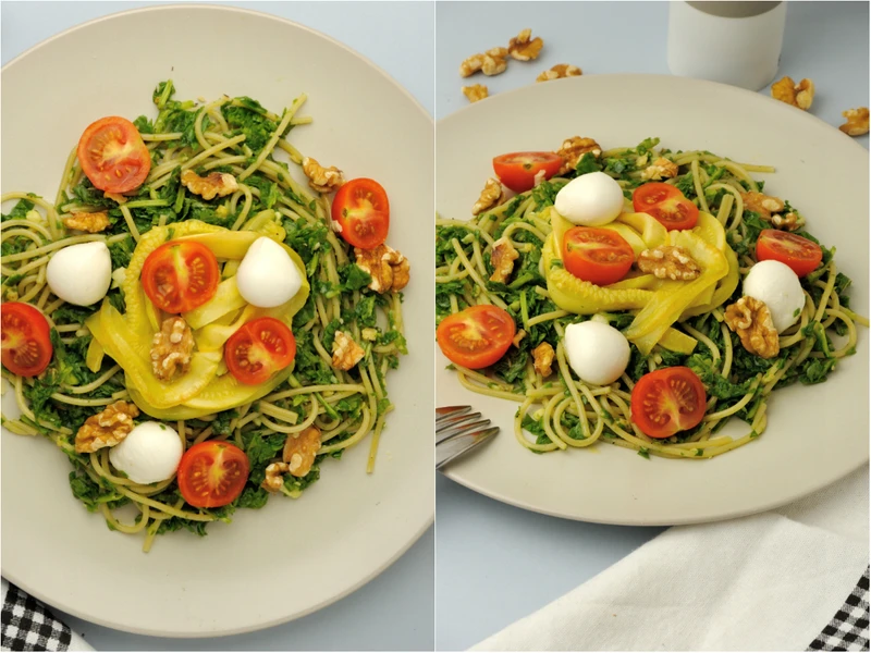 Spaghetti z Szpinakowym Pesto, Cukinią, Pomidorkami i Mozzarellą