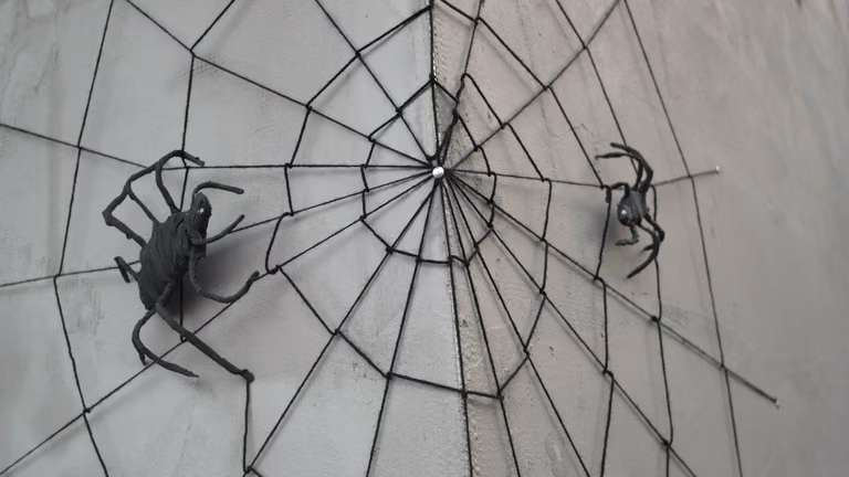 Pajęczyna z wełny i pająki z bibuły na Halloween