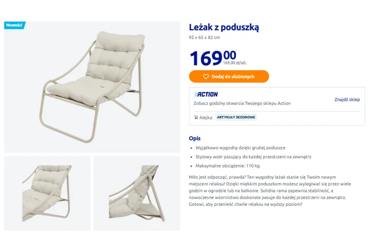 Zdjęcie Ten leżak z Action za 169 zł zrobi boską oazę relaksu! Gruba, wygodna poducha, a nowoczesny stelaż dodaje uroku #1