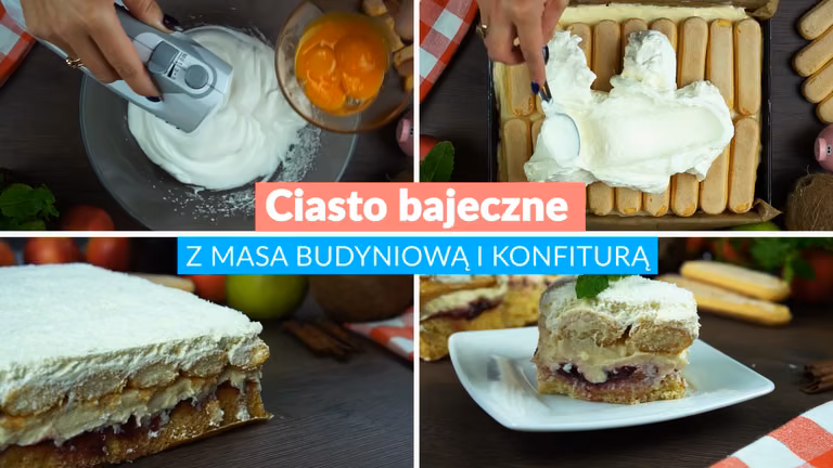 Ciasto bajeczne z masą budyniową i konfiturą