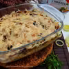 Zapiekanka rybna z ziemniakami, pieczarkami i porem.