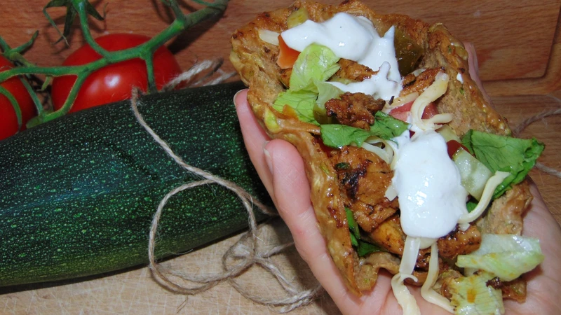 TACOS Z CUKINII Z GRILLOWANYM KURCZAKIEM, WARZYWAMI I SOSEM JOGURTOWO-MUSZTARDOWYM